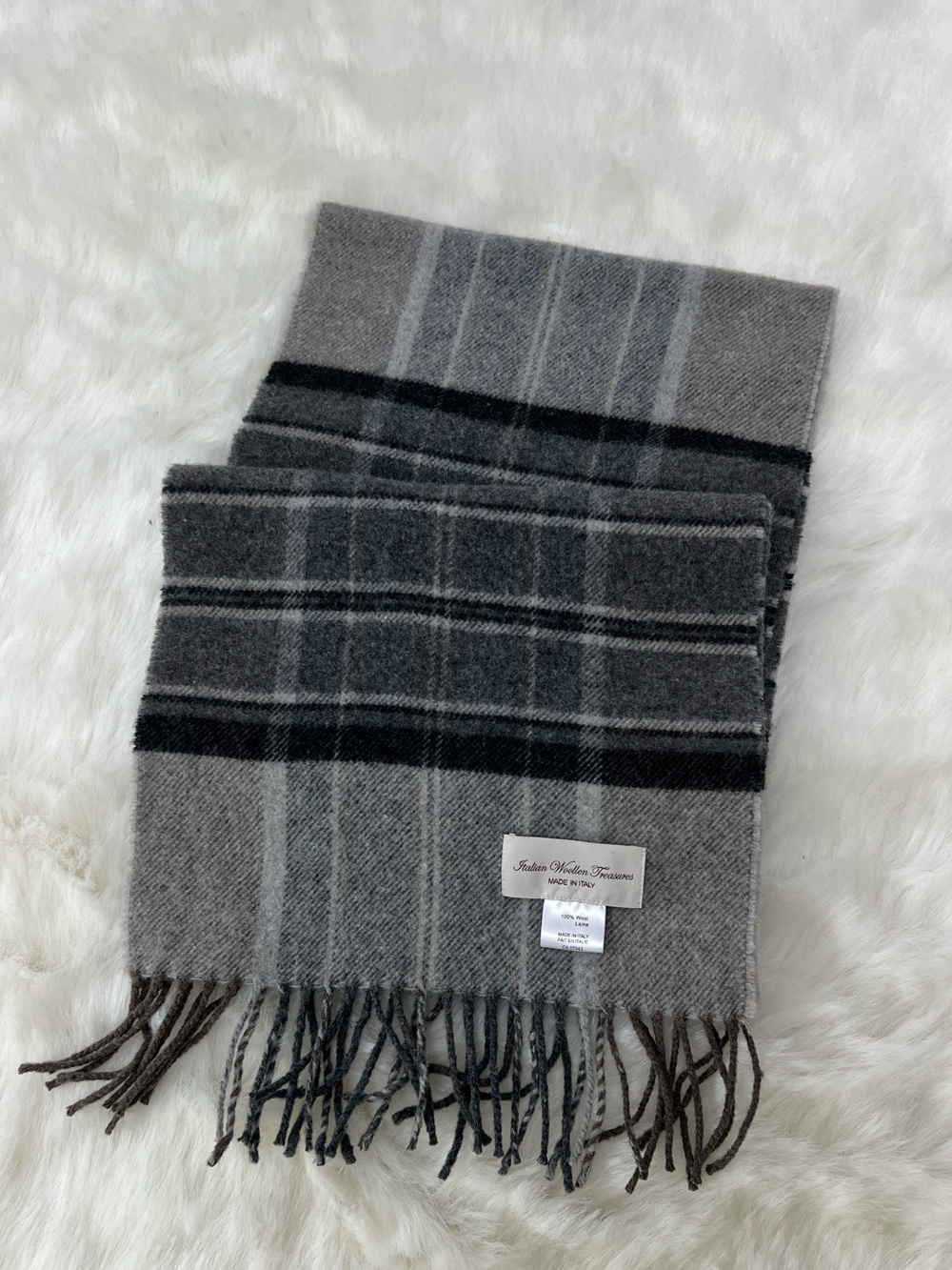 100% Wool Plaid Scarf ,Made in Italy 12”x62”